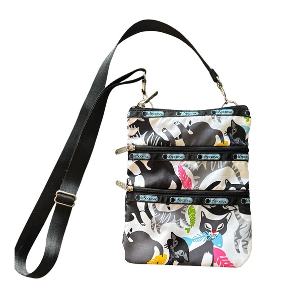 LeSportsac 9” 3 Zipper Crossbody Bag, Adjustable Strap, Black & Grey Cats - Picture 1 of 5
